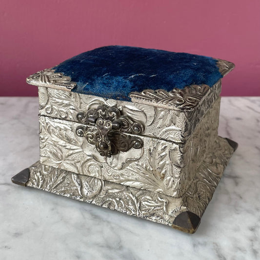Victorian Blue Velvet & Silver Foil Box