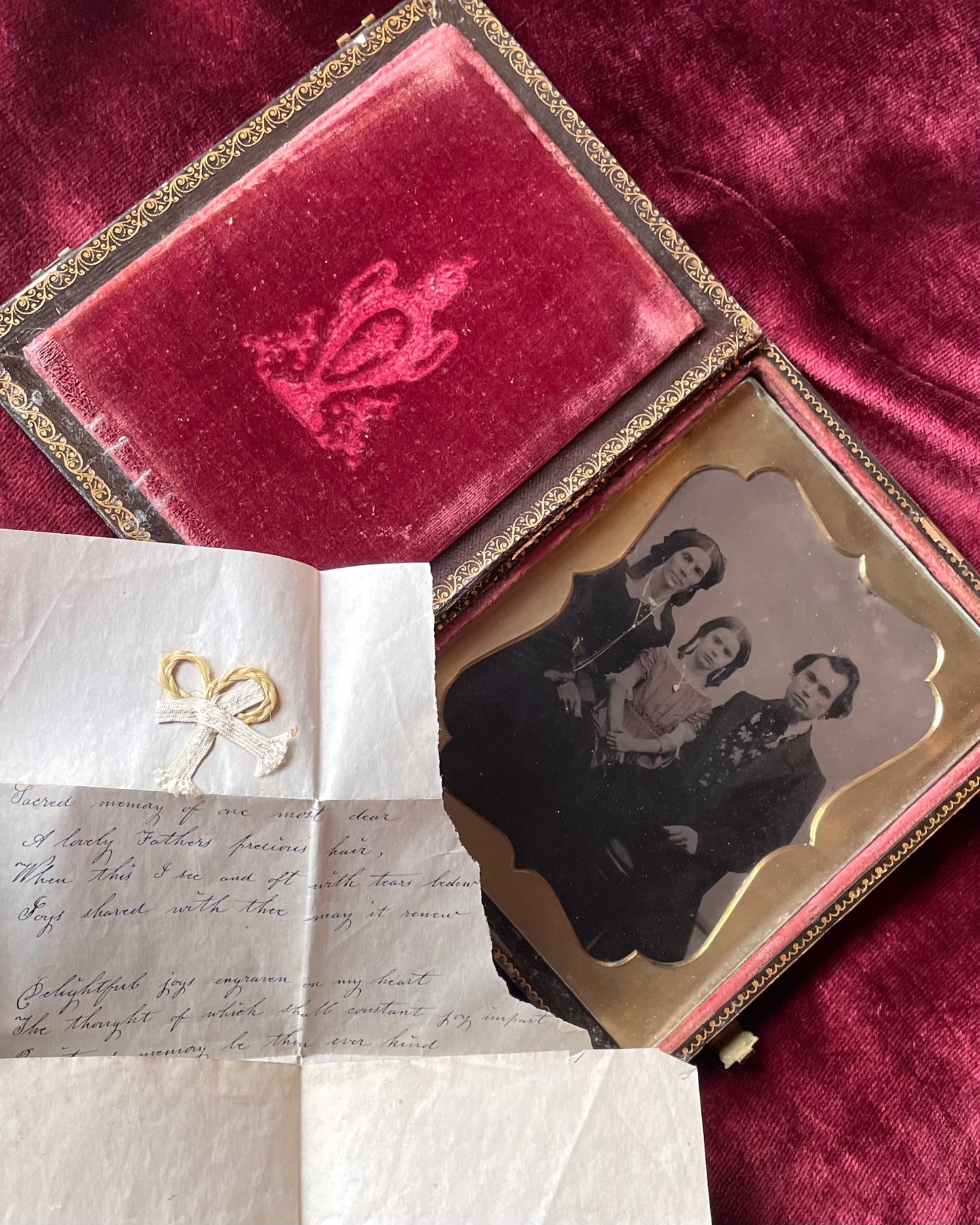 Victorian Half Plate Tintype in Mother of Pearl Case with Poem and Lock of Hair