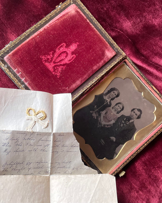 Victorian Half Plate Tintype in Mother of Pearl Case with Poem and Lock of Hair