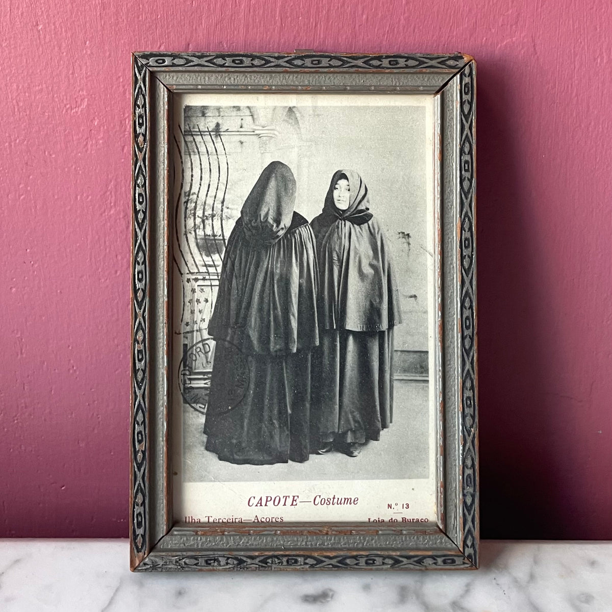Antique Caped Woman Framed Postcard | Azorean Capote