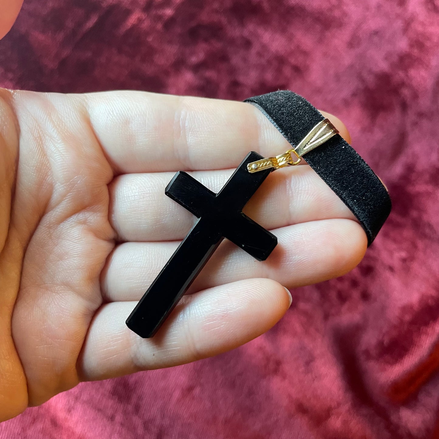 Antique French Jet Cross on Velvet Choker