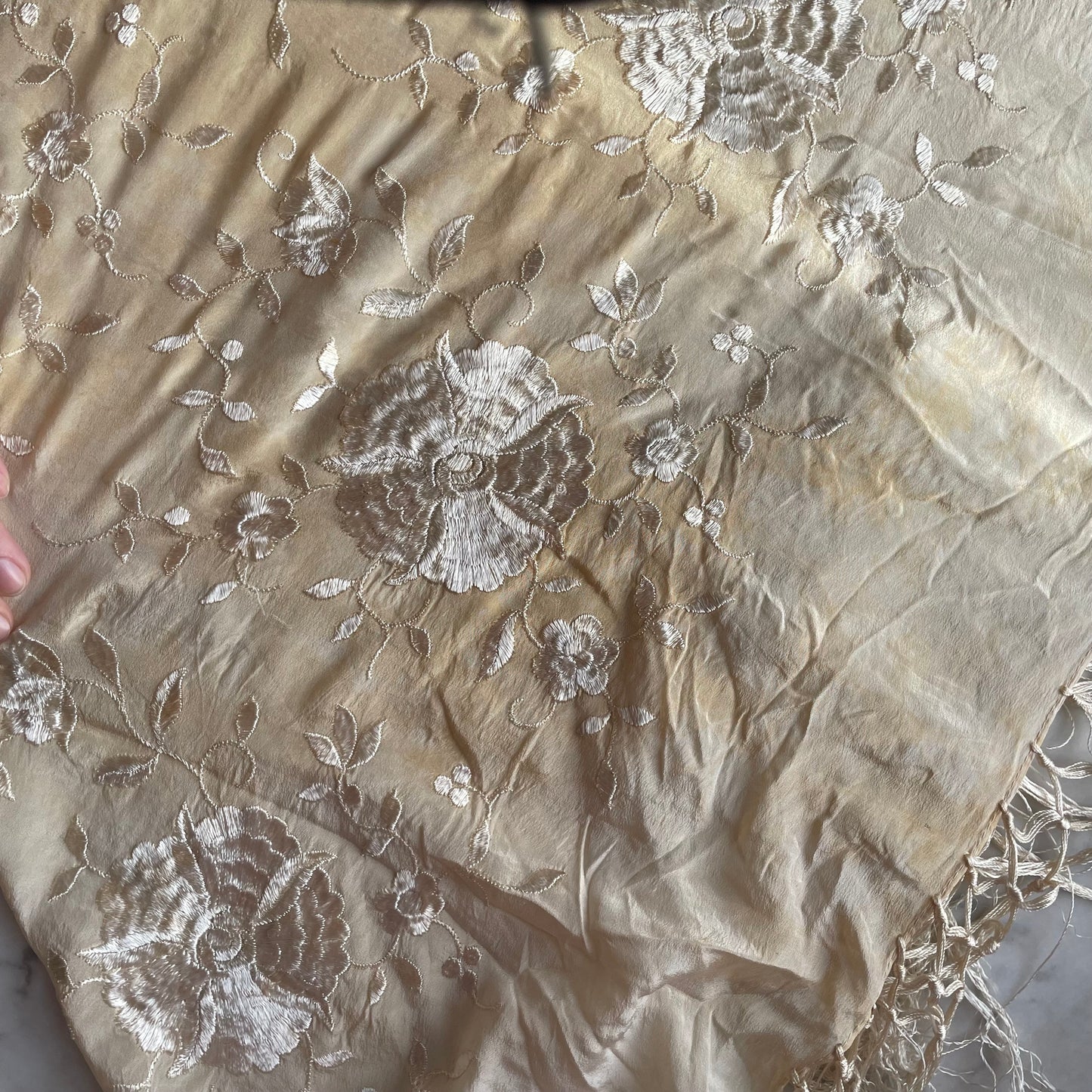 Antique Embroidered Silk Piano Shawl