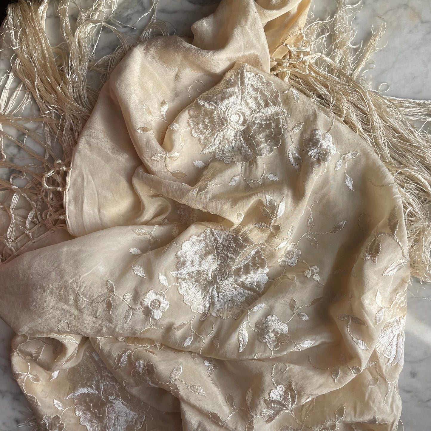 Antique Embroidered Silk Piano Shawl