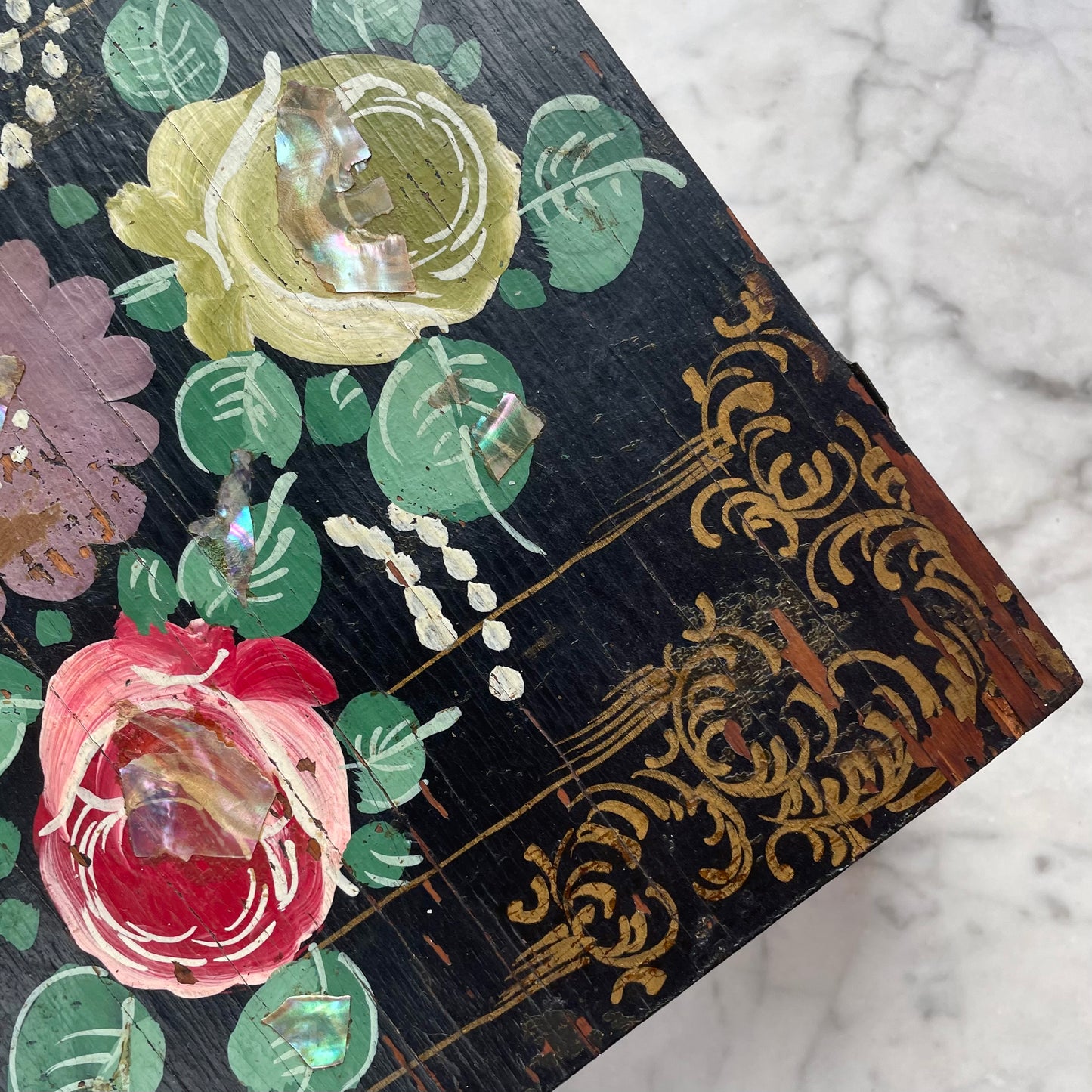 Victorian Floral Painted Box with Mother of Pearl