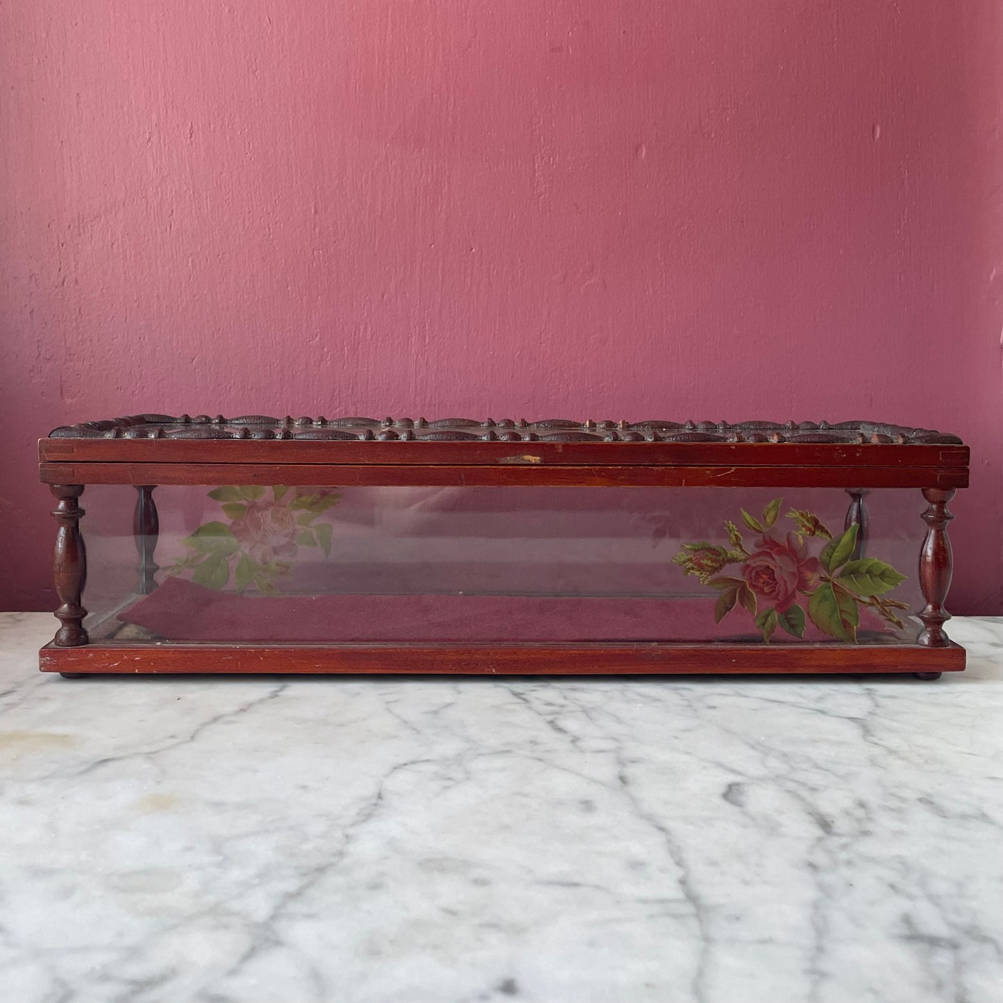Antique Glass & Wood Glove Box
