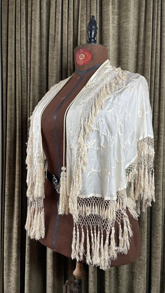 Antique Embroidered Silk Capelet with Tassels & Fringe