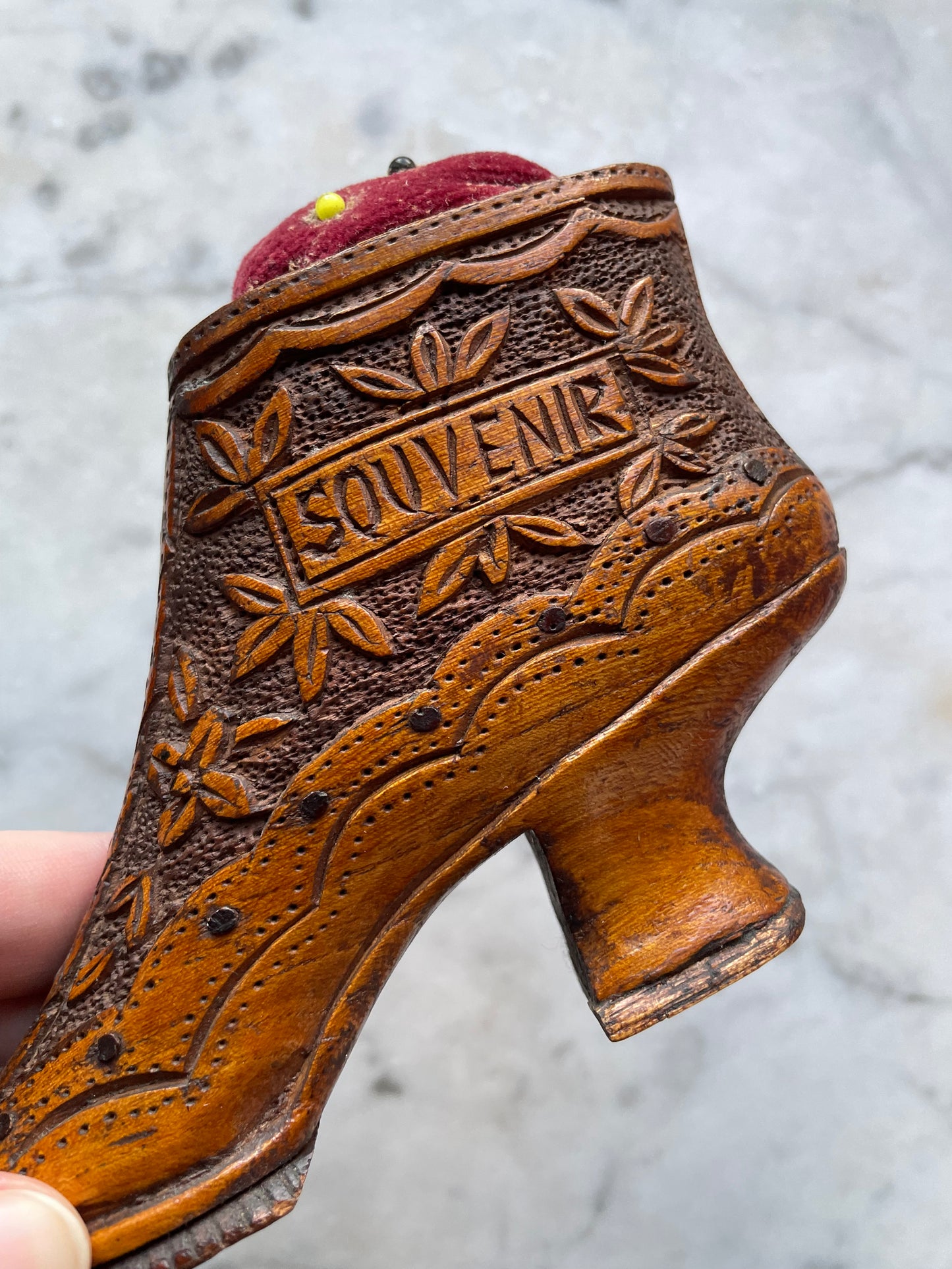 Antique Carved Wood Shoe Pincushion