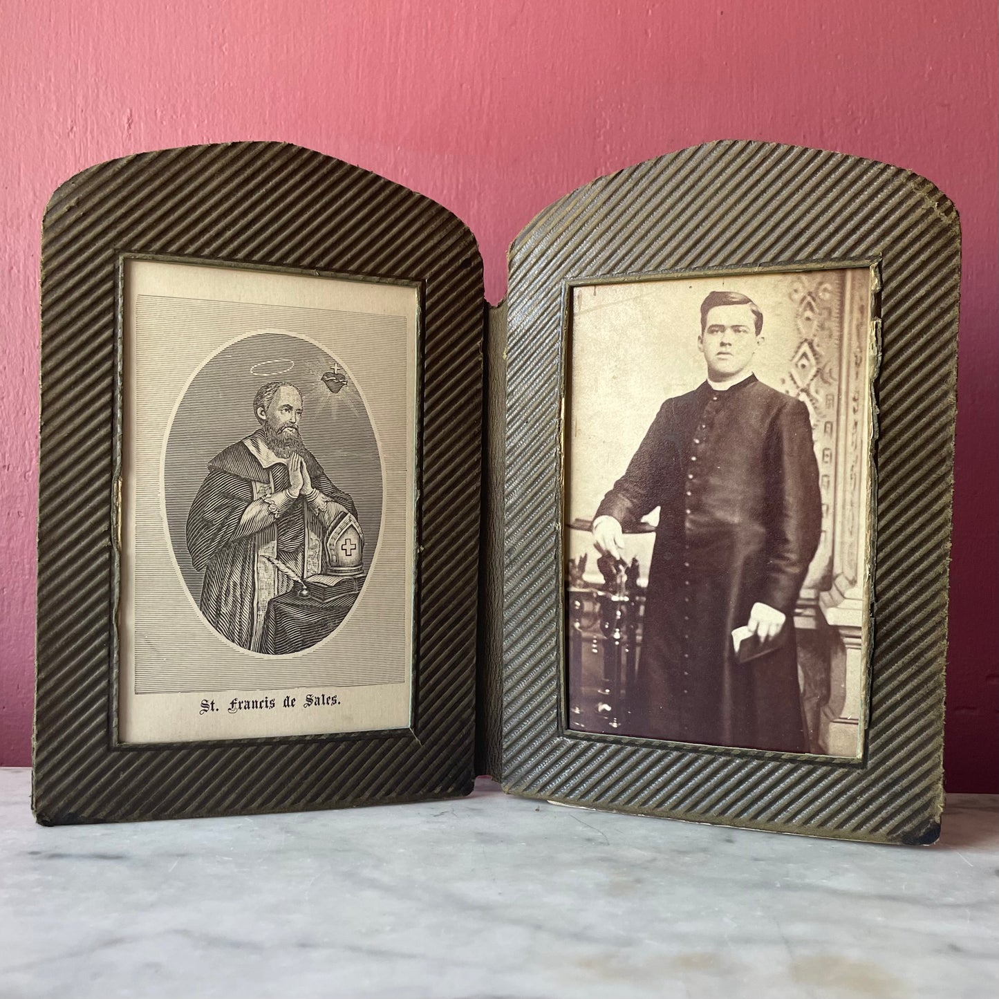 Victorian Priest Photo & Holy Card in Aesthetic Movement Leather Frame