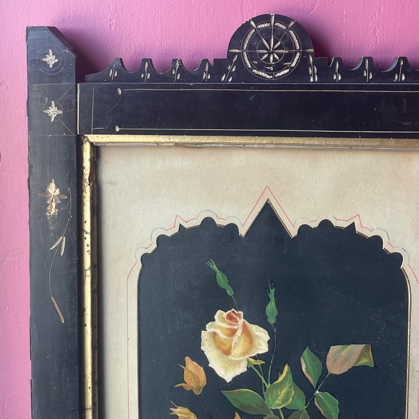 Victorian Floral Lithograph in Black Aesthetic Movement Frame