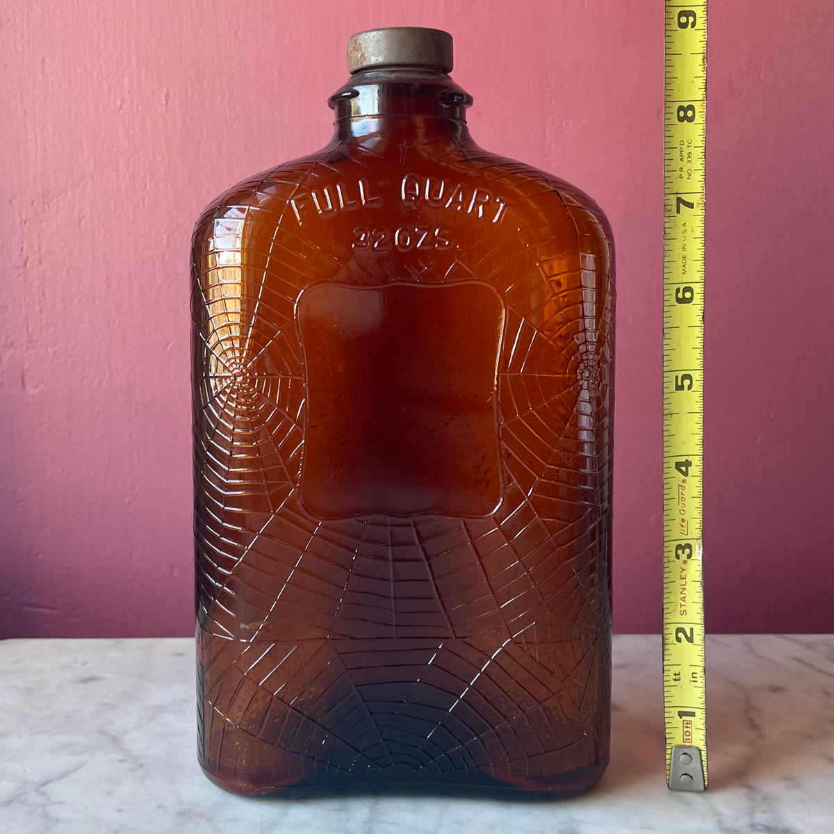 Antique Spiderweb Amber Glass Whiskey Bottle | Full Quart | 32 oz