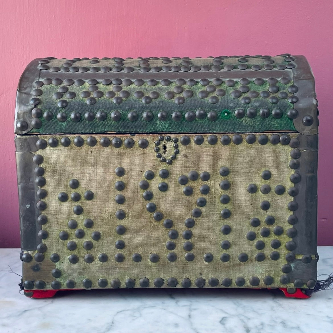 Medieval Revival Antique Velvet Tack Trunk