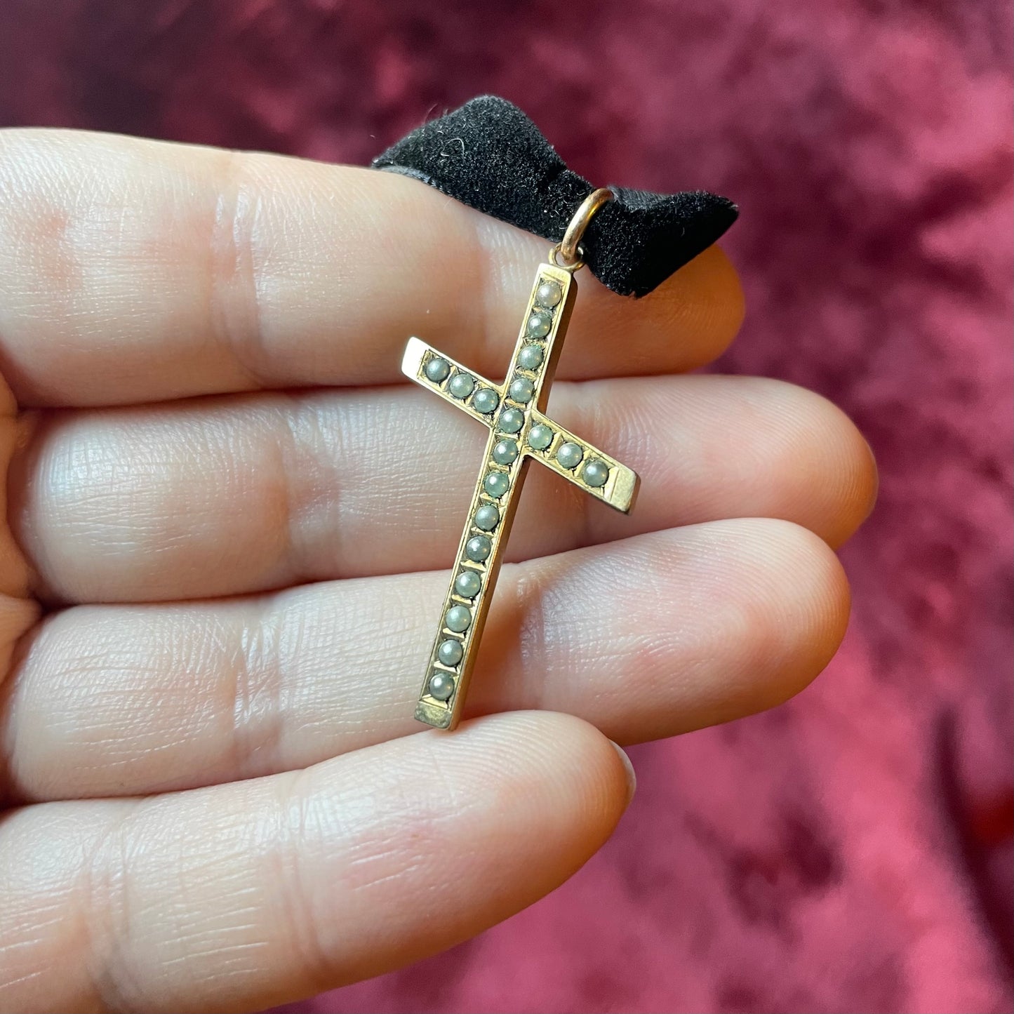 Victorian Seed Pearl Cross on Velvet Choker