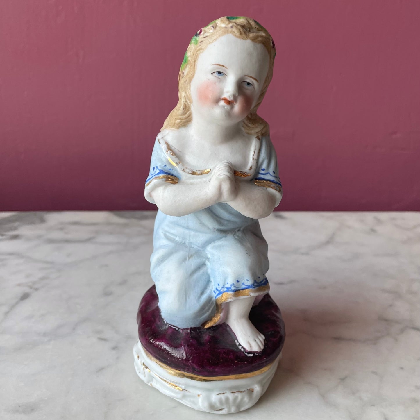 Victorian Praying Child Painted Bisque Figure