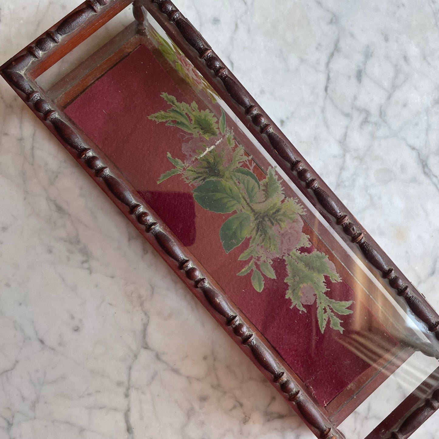 Antique Glass & Wood Glove Box