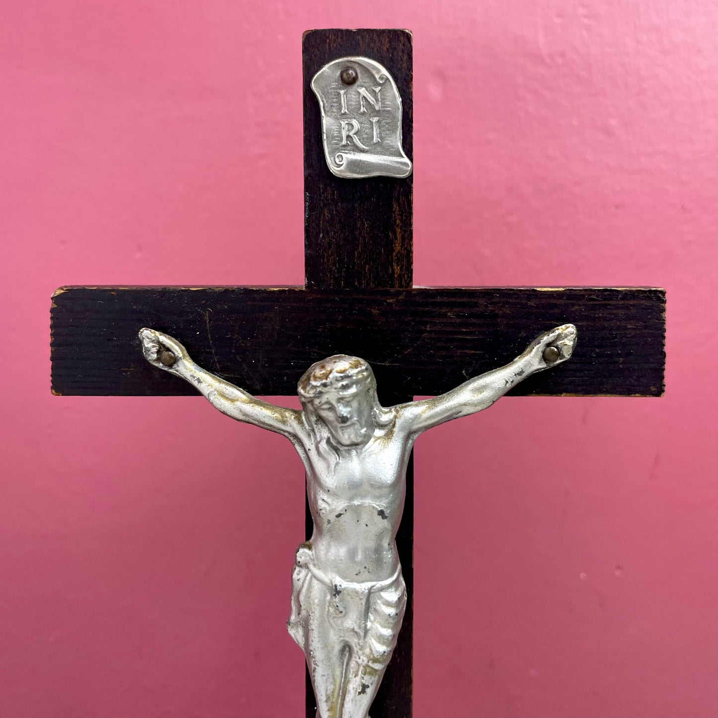 Antique Black Wood Standing Crucifix