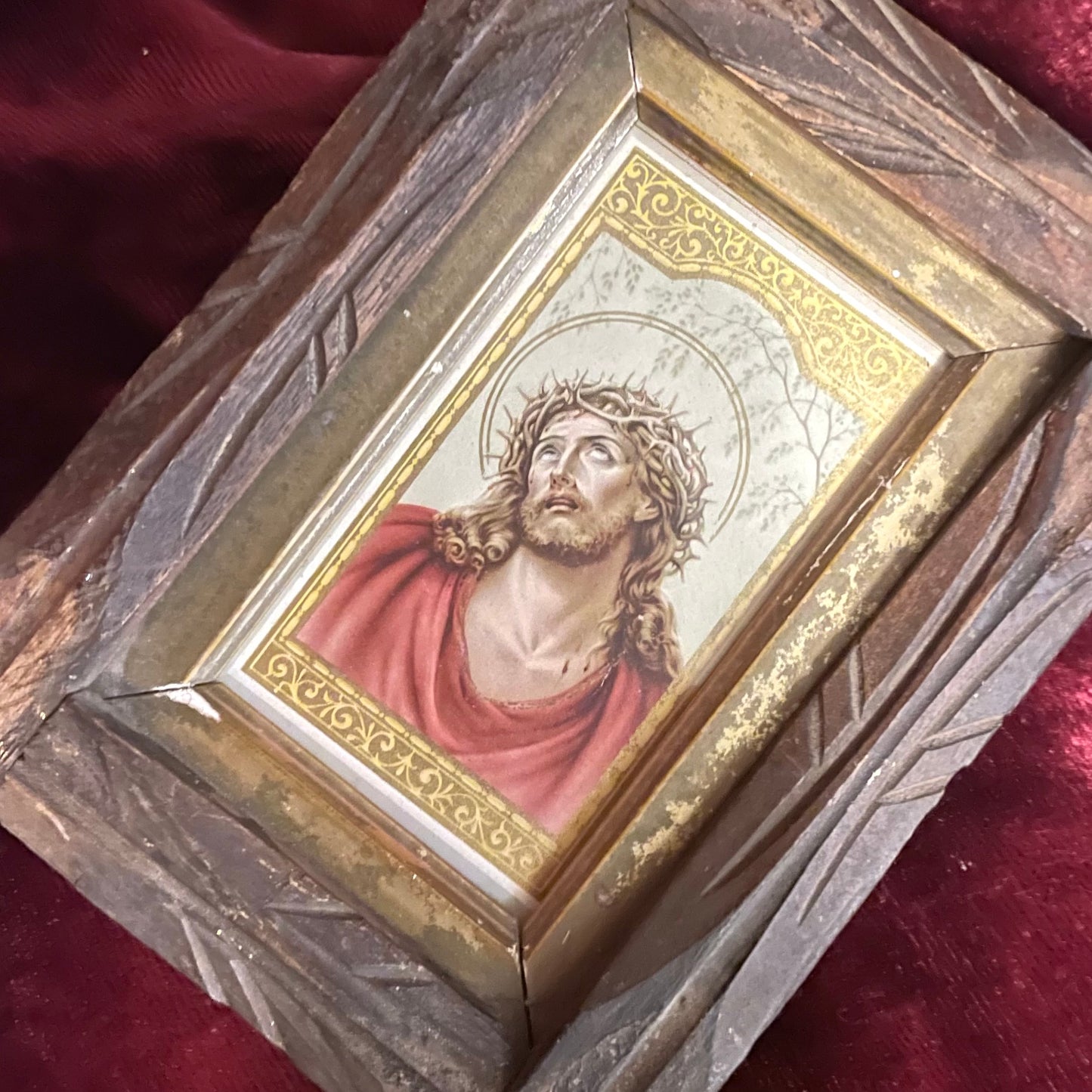 Antique Christ in Agony Holy Card in Adirondack Frame