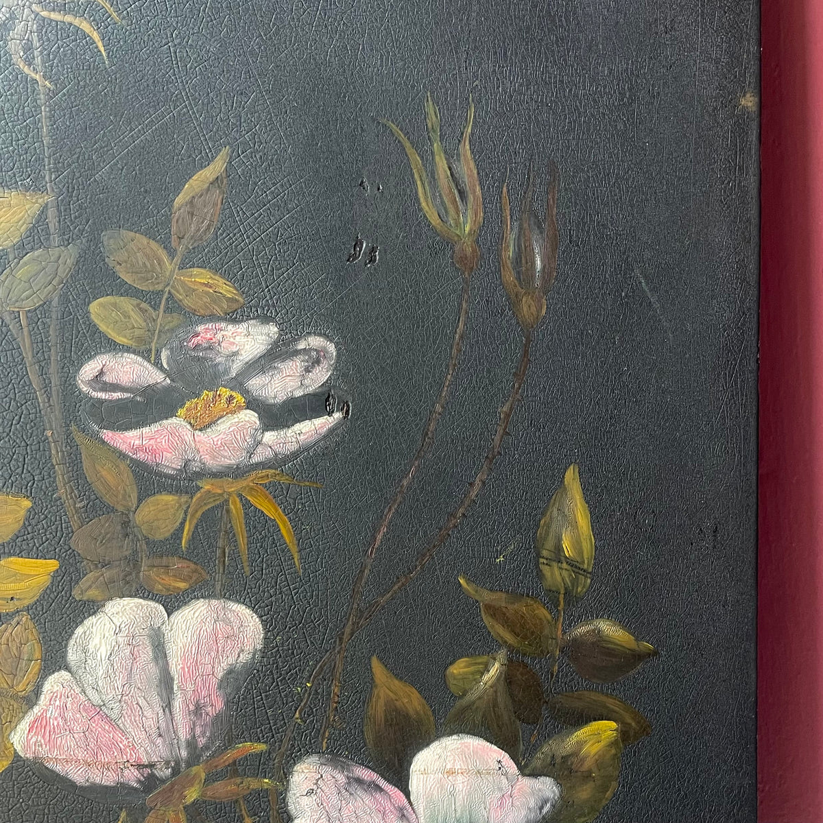 Antique Black Floral Painting on Board