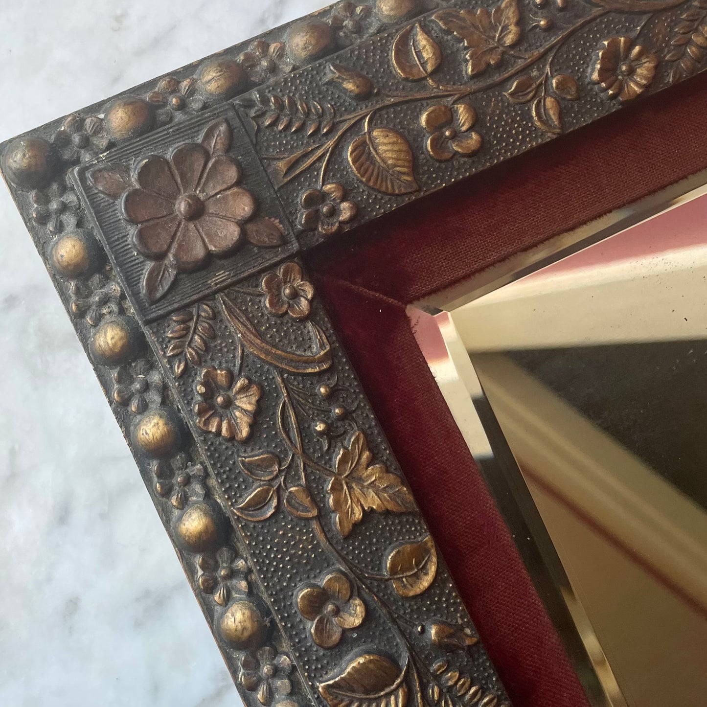 Victorian Floral Gesso & Red Velvet Mirror
