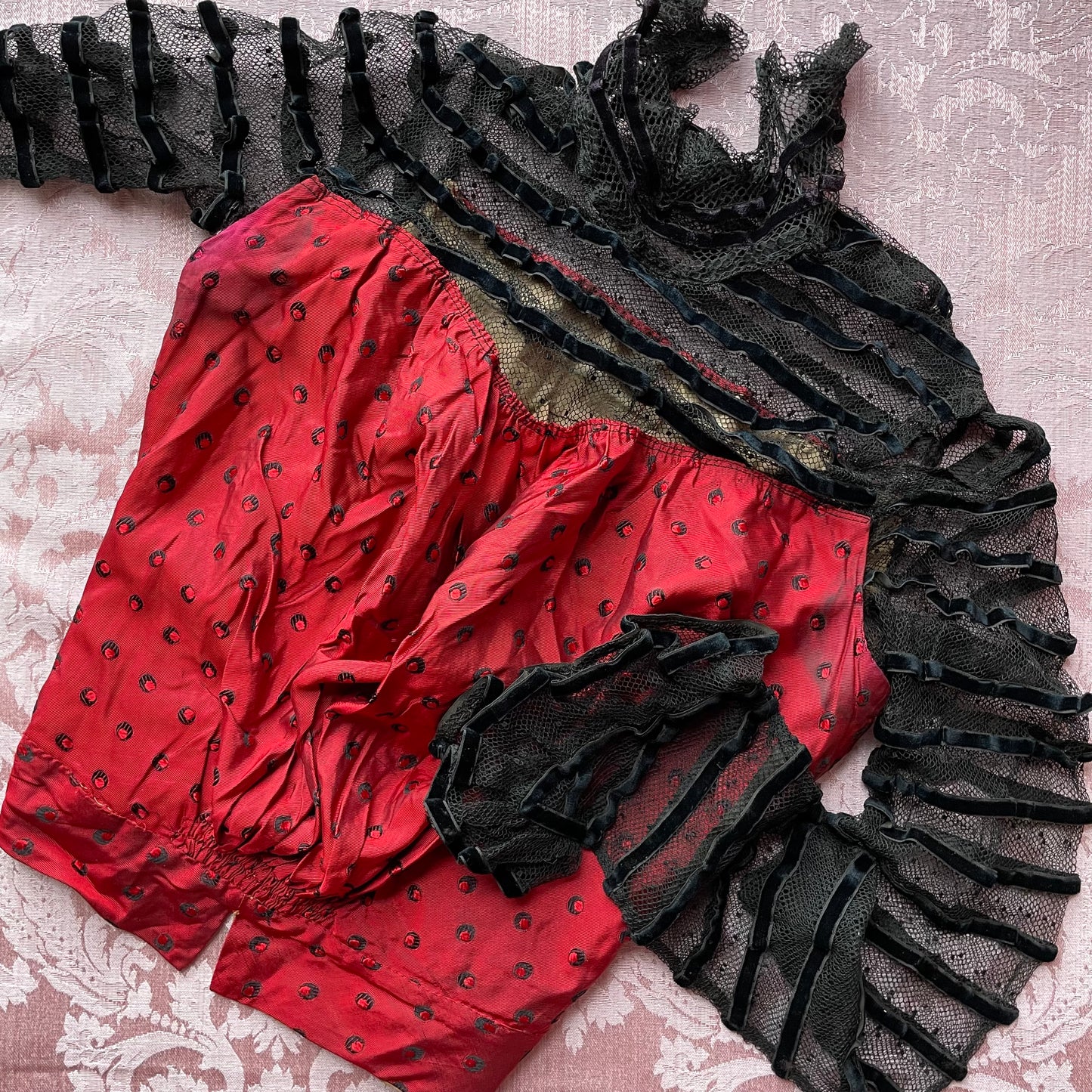 Victorian Heart Shaped Red Silk & Black Mesh Blouse