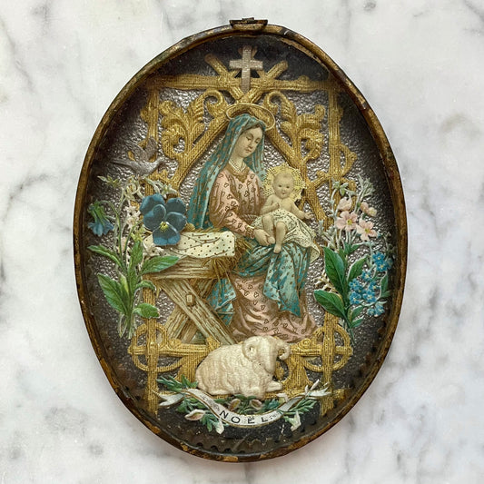 Victorian Madonna & Child Ex Voto | Cloth & Paper Collage under Glass