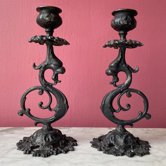 Antique Cast Iron Griffin Candleholders