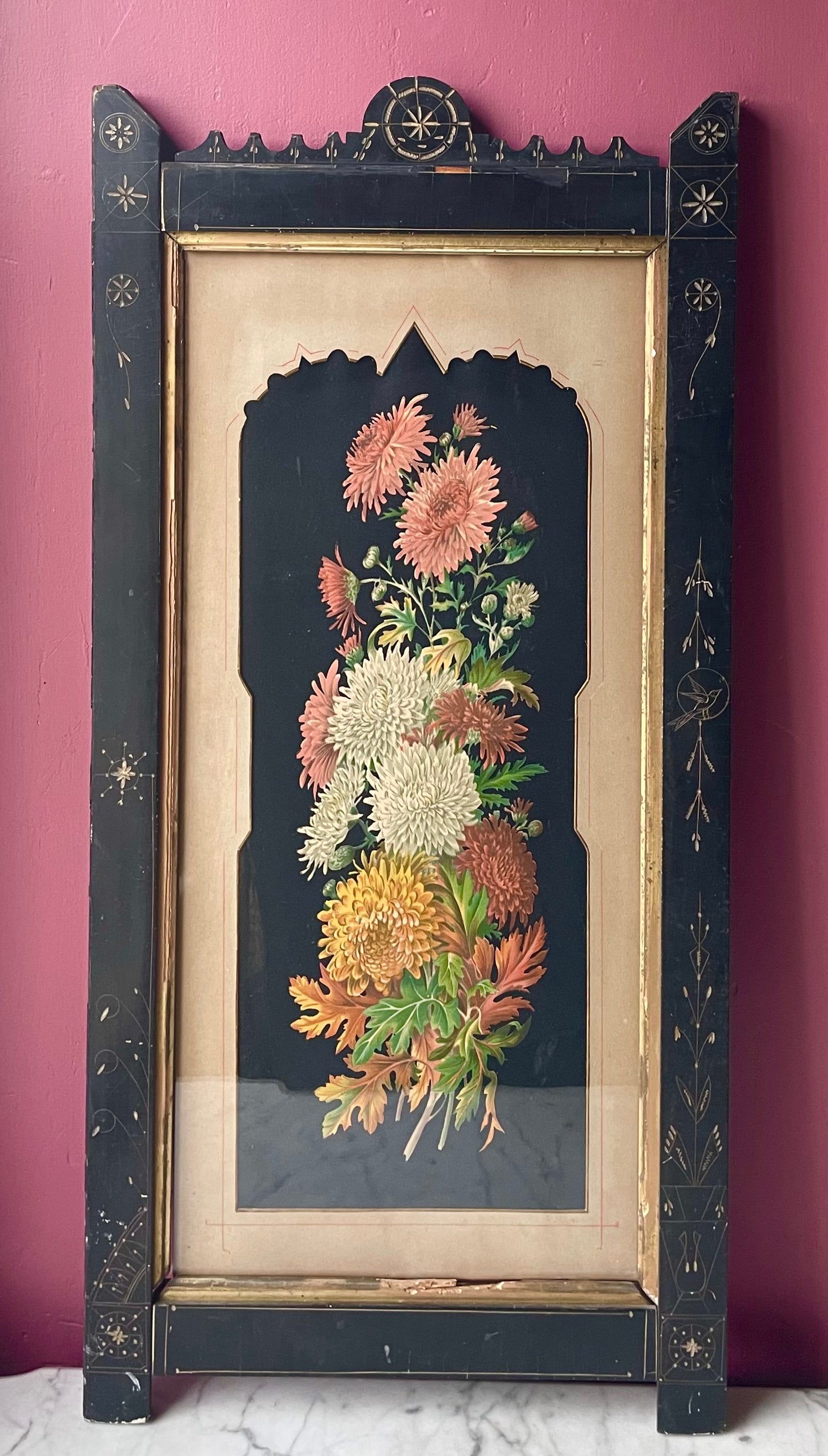 Large Victorian Floral Lithograph in Black Aesthetic Movement Frame