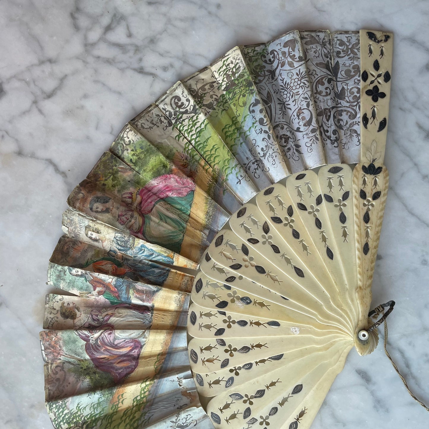 Victorian Pierced Bone Fan with Hand Colored Leaves