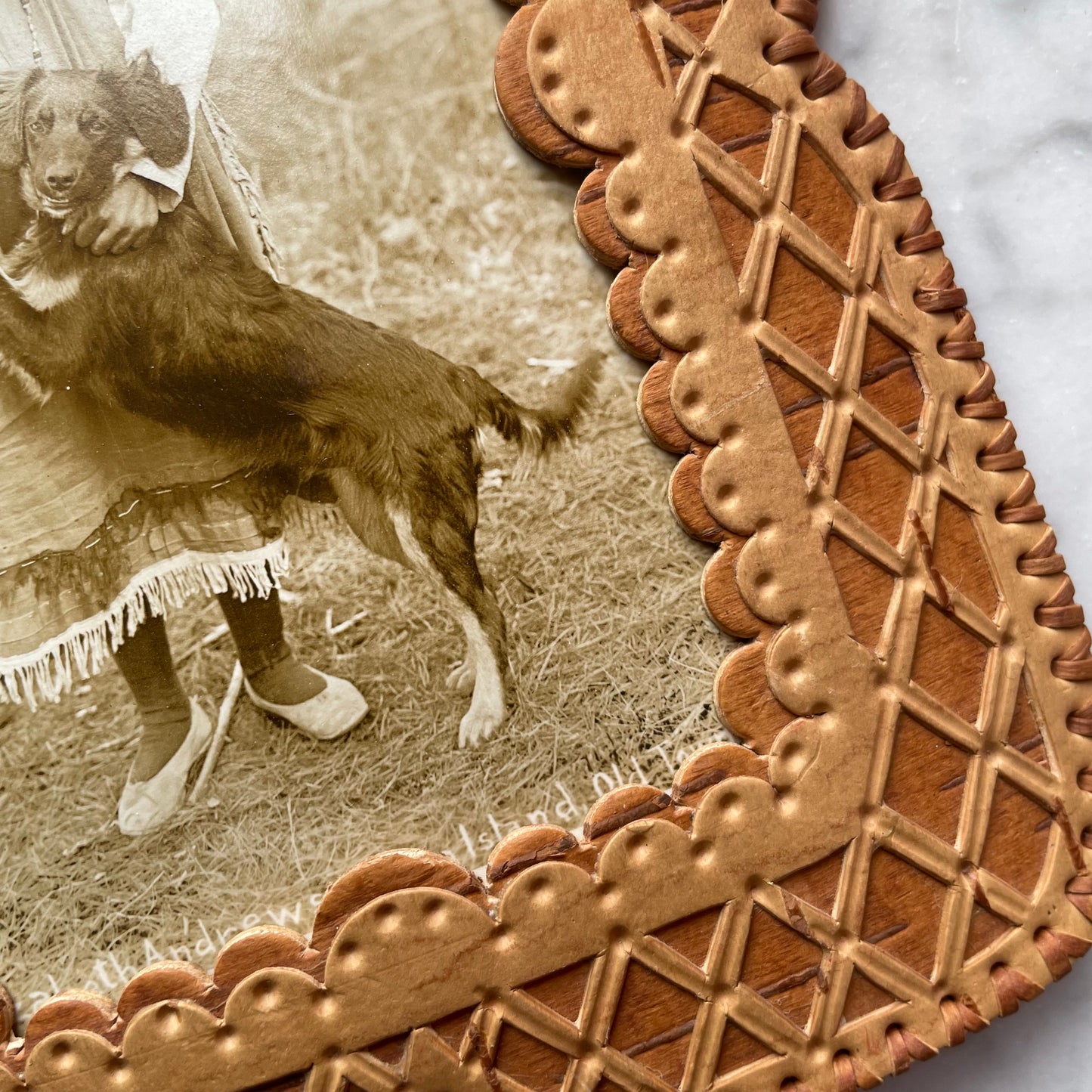 Antique RPPC of Native Girl with her Dog in Birch Bark Frame