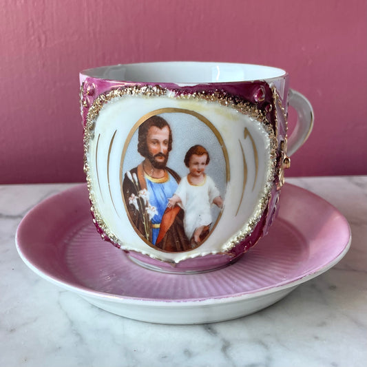 Antique St. Anthony Pink Lustre Cup & Saucer