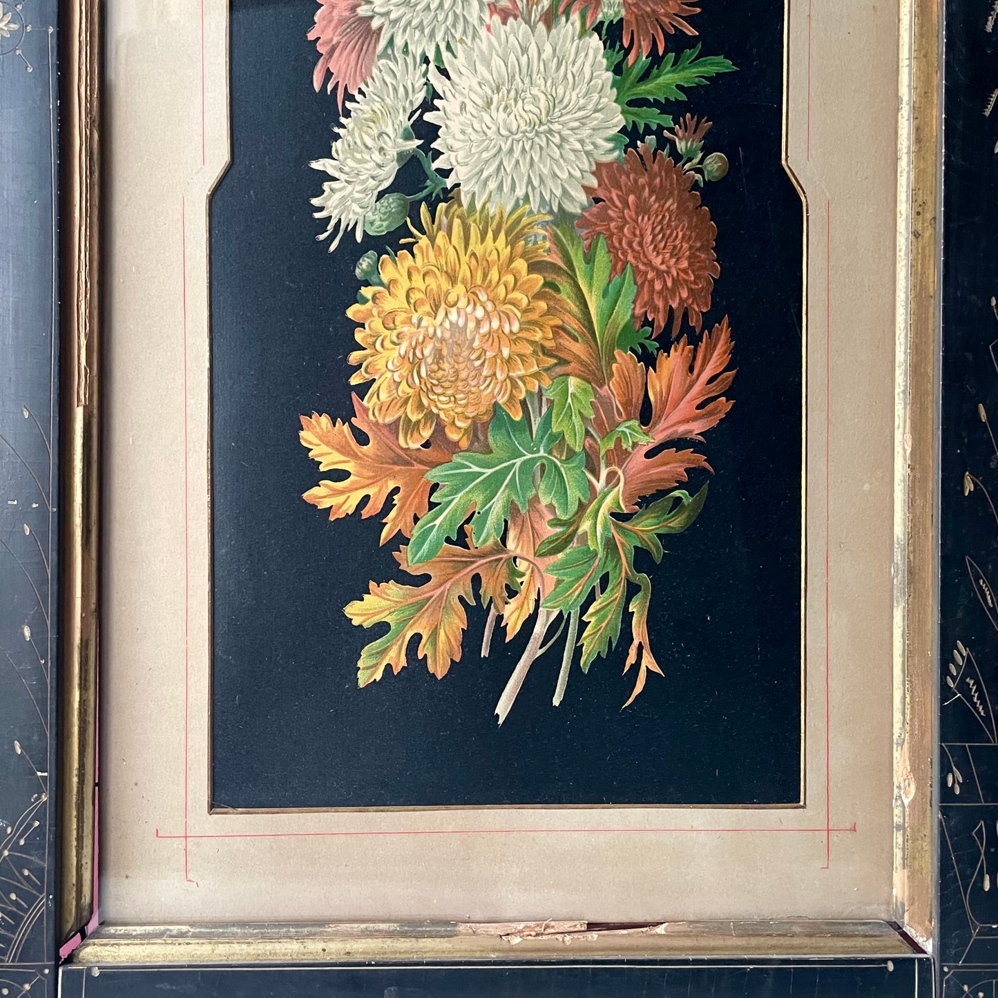Large Victorian Floral Lithograph in Black Aesthetic Movement Frame