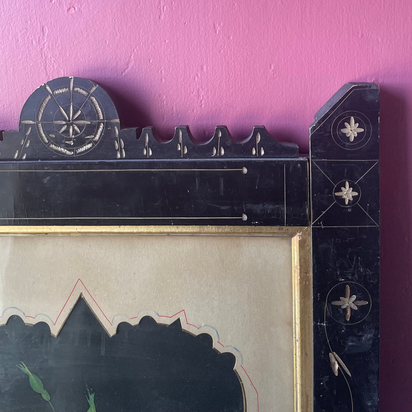 Victorian Floral Lithograph in Black Aesthetic Movement Frame
