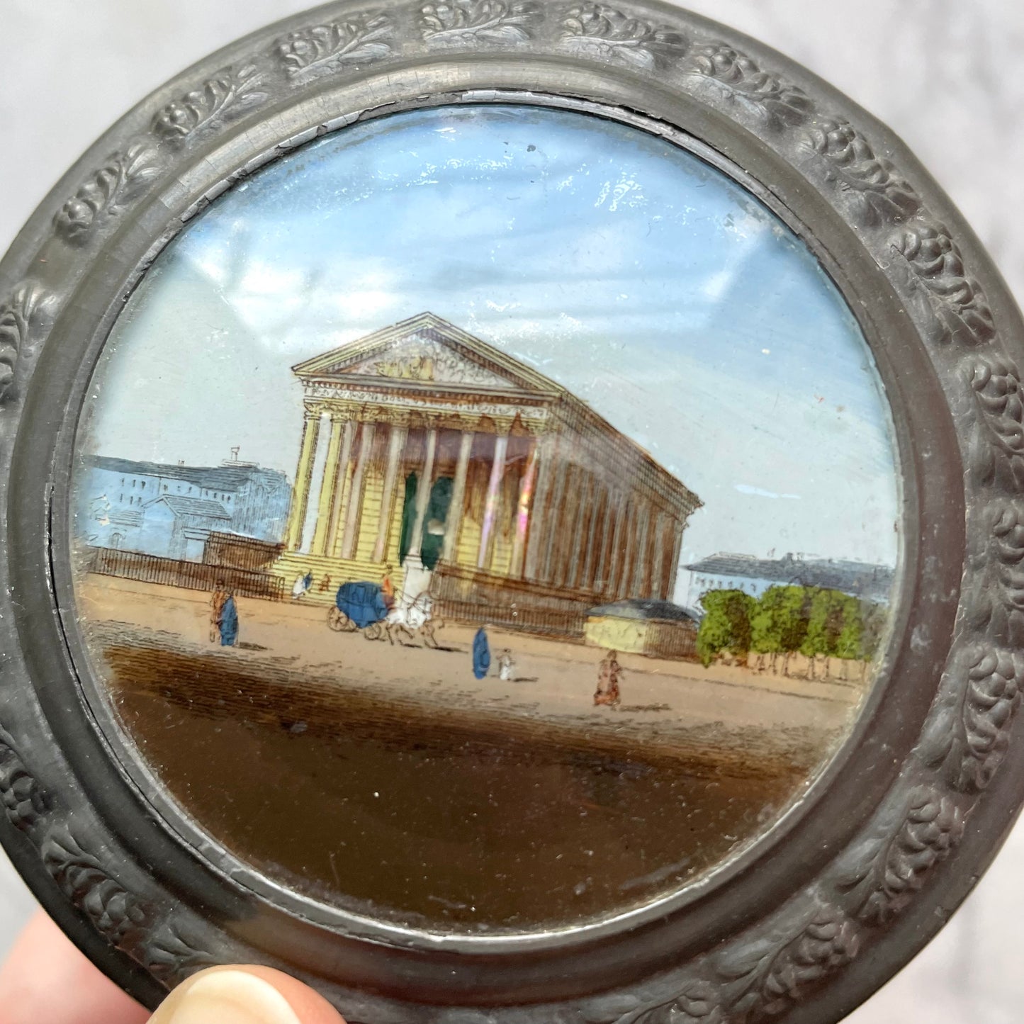 Early 19th c. Reverse Painted Glass & Metal Box | Maison Carrée | Grand Tour Souvenir