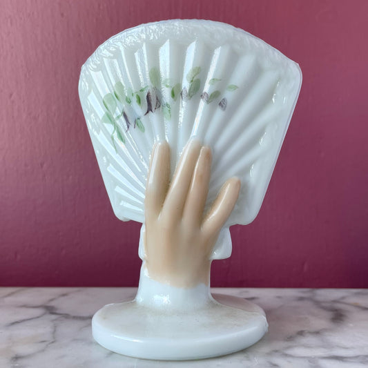 Antique Hand & Fan Milk Glass Match Holder