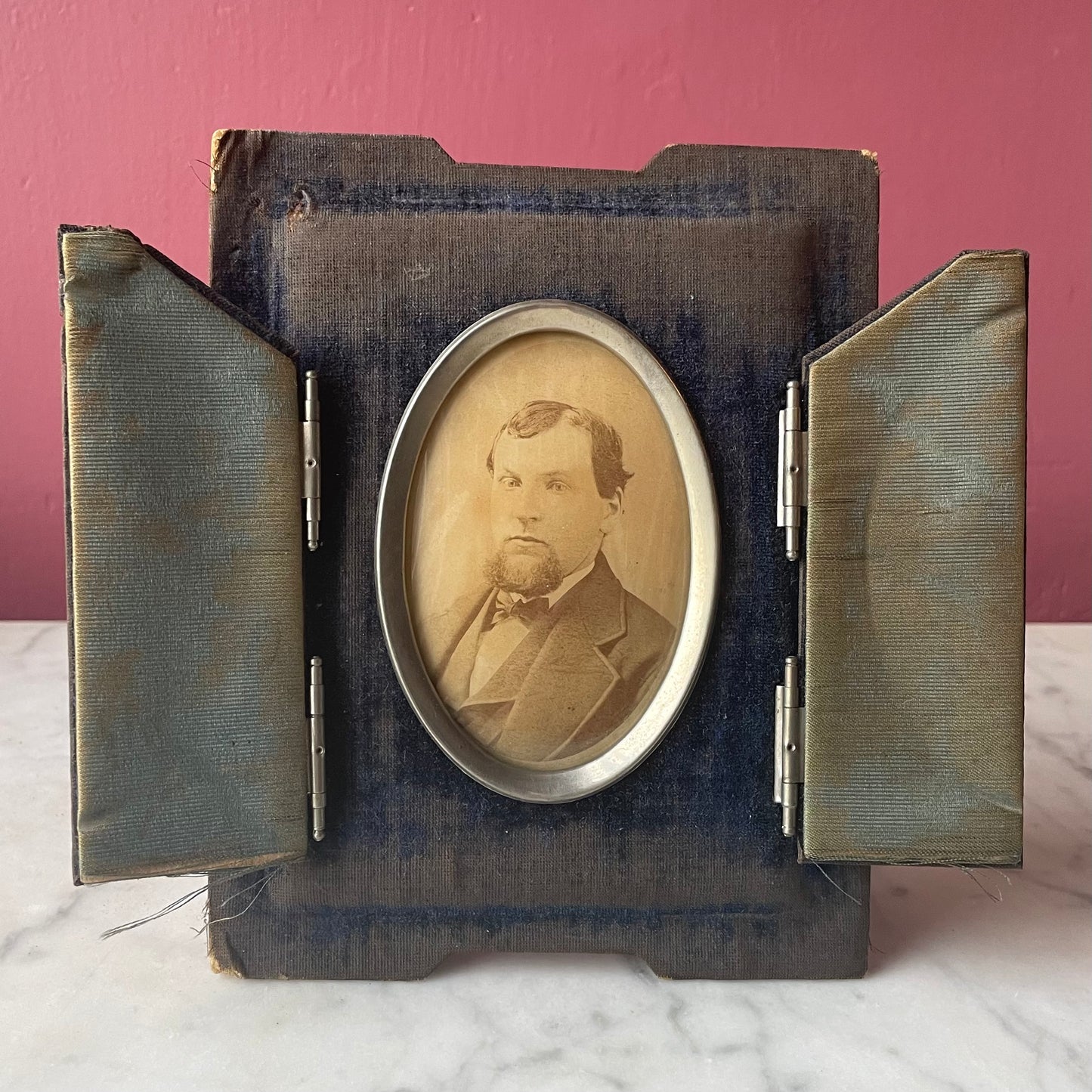 Victorian Photos on Glass in Blue Velvet Frames