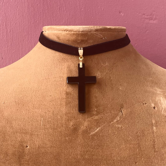 Antique French Jet Cross on Velvet Choker
