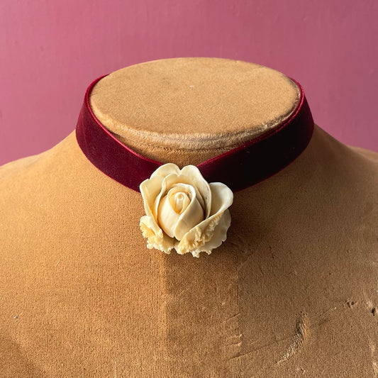 Antique Carved Bone Rose on Velvet Choker