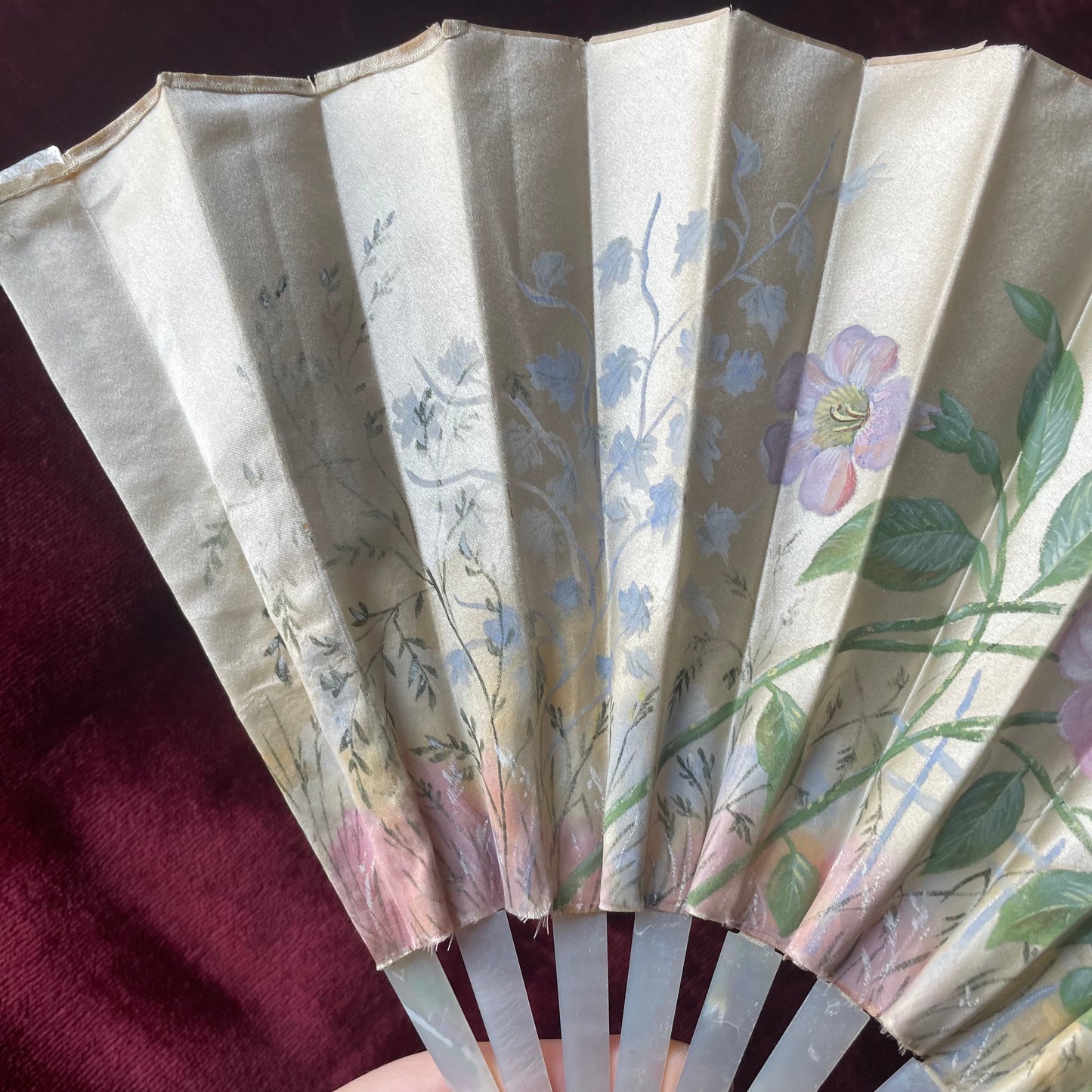 Victorian Painted Silk Fan with Mother of Pearl
