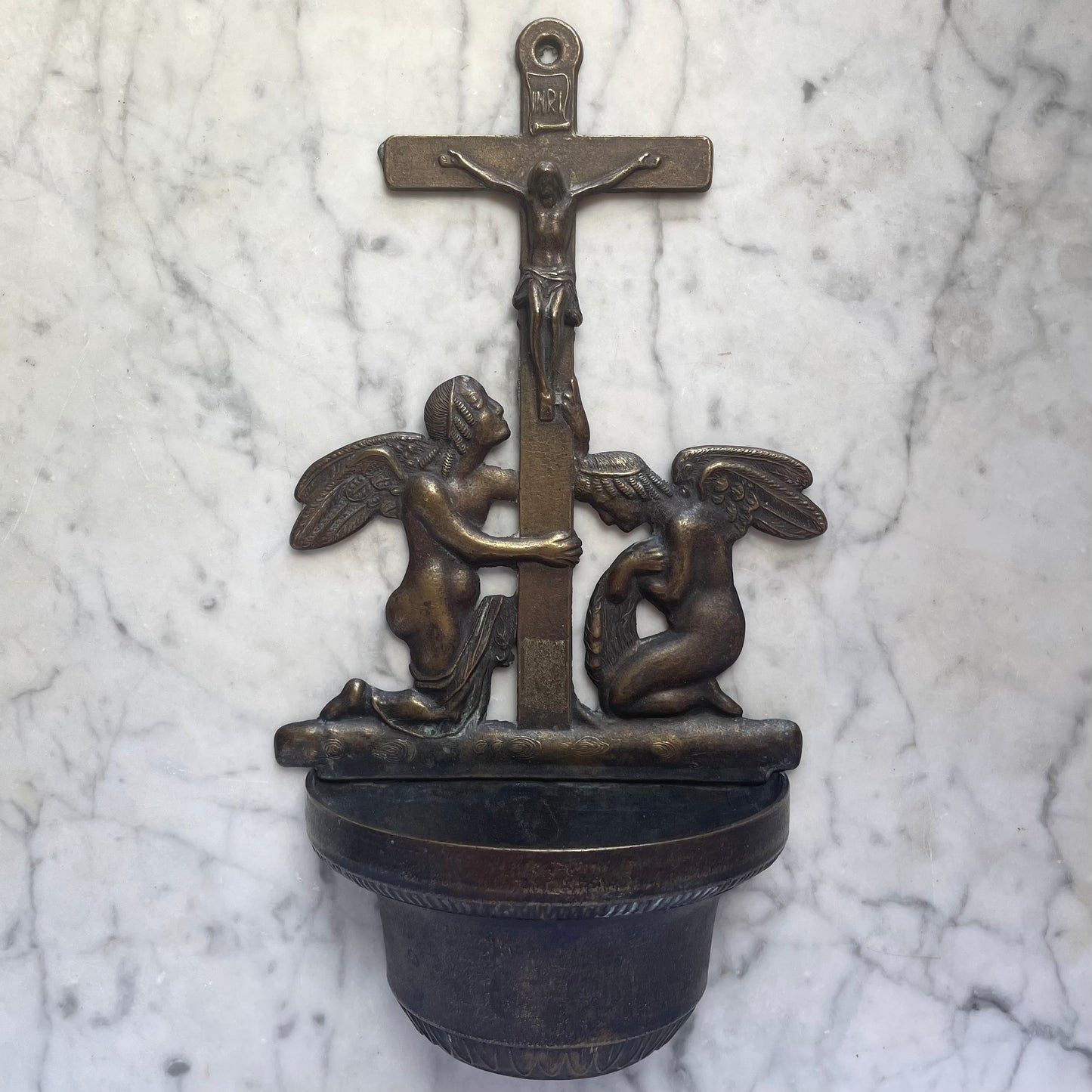 Antique Brass Holy Water Font with Angels