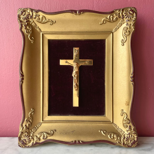 Vintage Framed Crucifix on Velvet