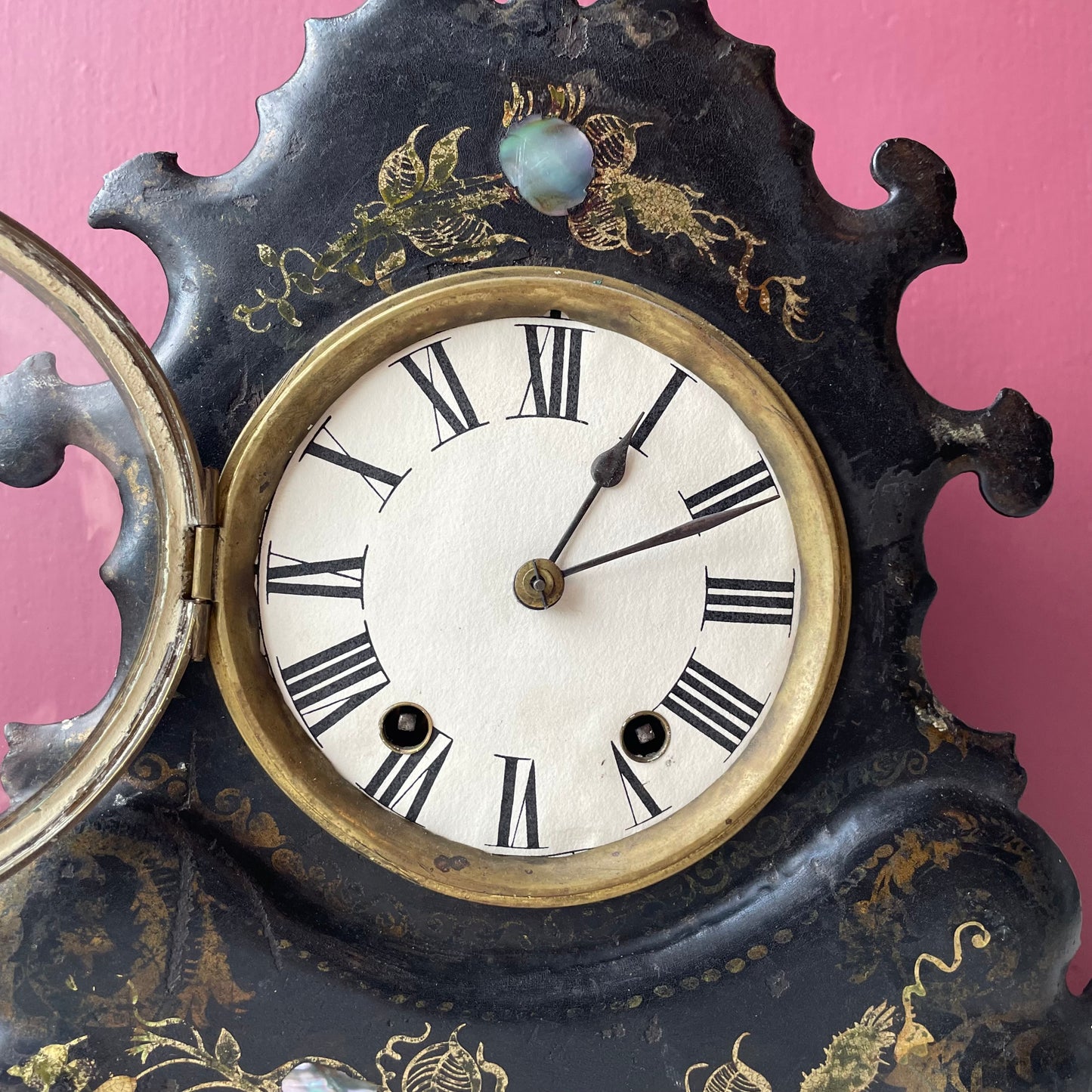 Victorian Cast Iron Mantle Clock with Mother of Pearl Inlay