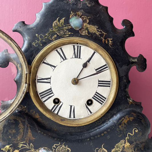 Victorian Cast Iron Mantle Clock with Mother of Pearl Inlay