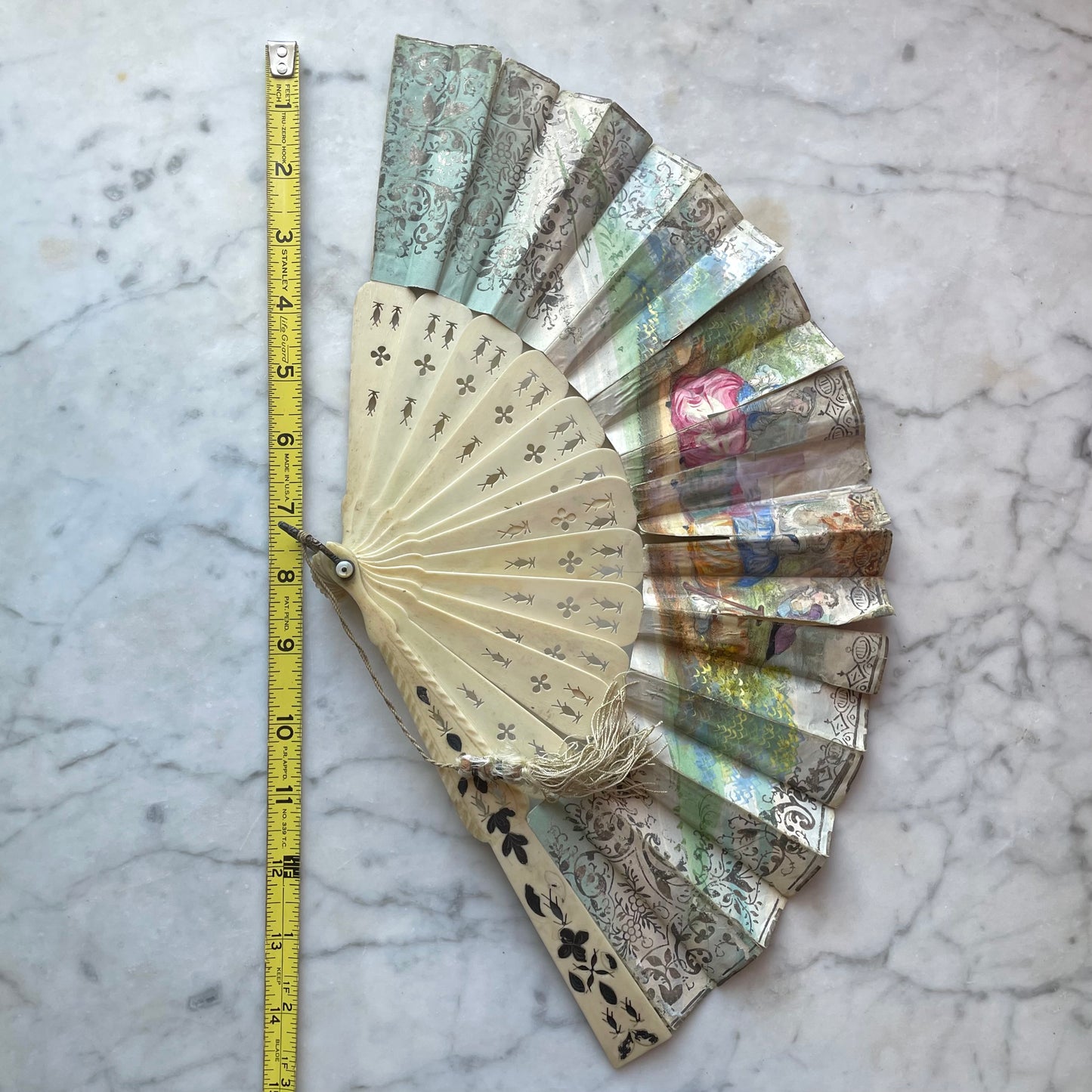 Victorian Pierced Bone Fan with Hand Colored Leaves