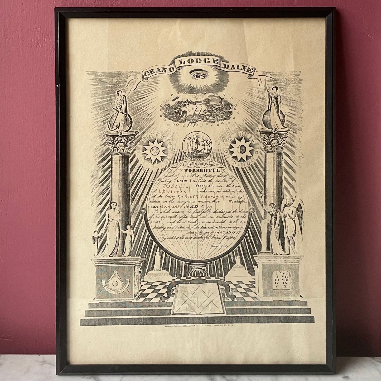 Vintage Odd Fellows Framed Membership Certification