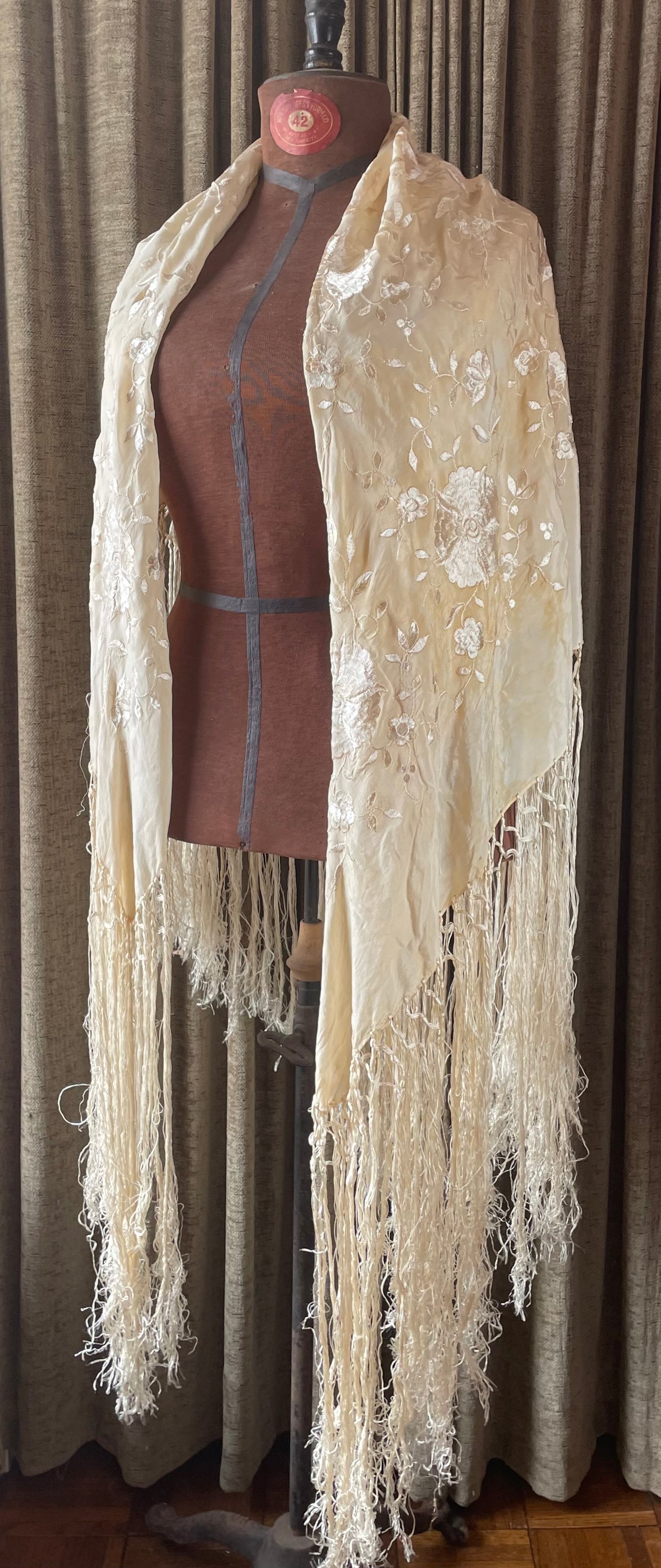 Antique Embroidered Silk Piano Shawl
