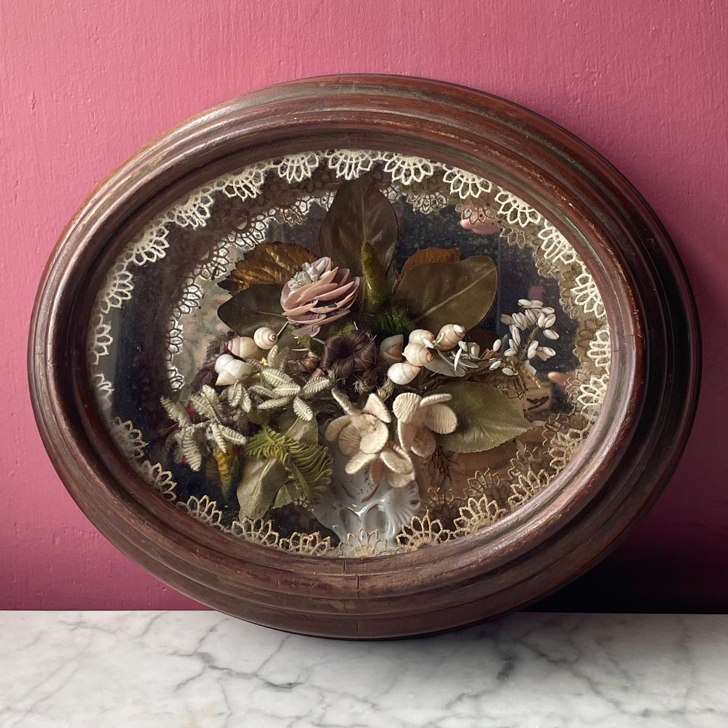 Victorian Floral Shadow Box with Hair, Wool, and Shell Work