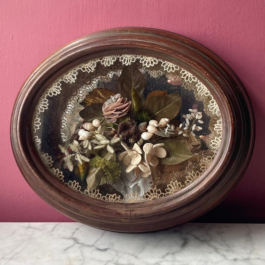 Victorian Floral Shadow Box with Hair, Wool, and Shell Work