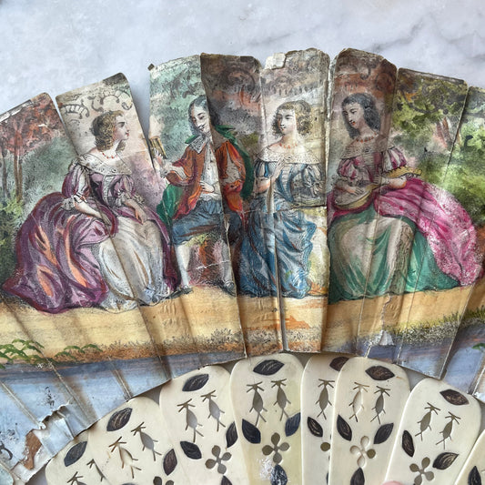 Victorian Pierced Bone Fan with Hand Colored Leaves