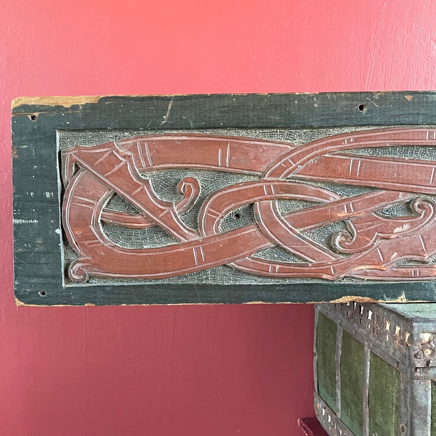 Antique Carved Wood Celtic Dragon Panel