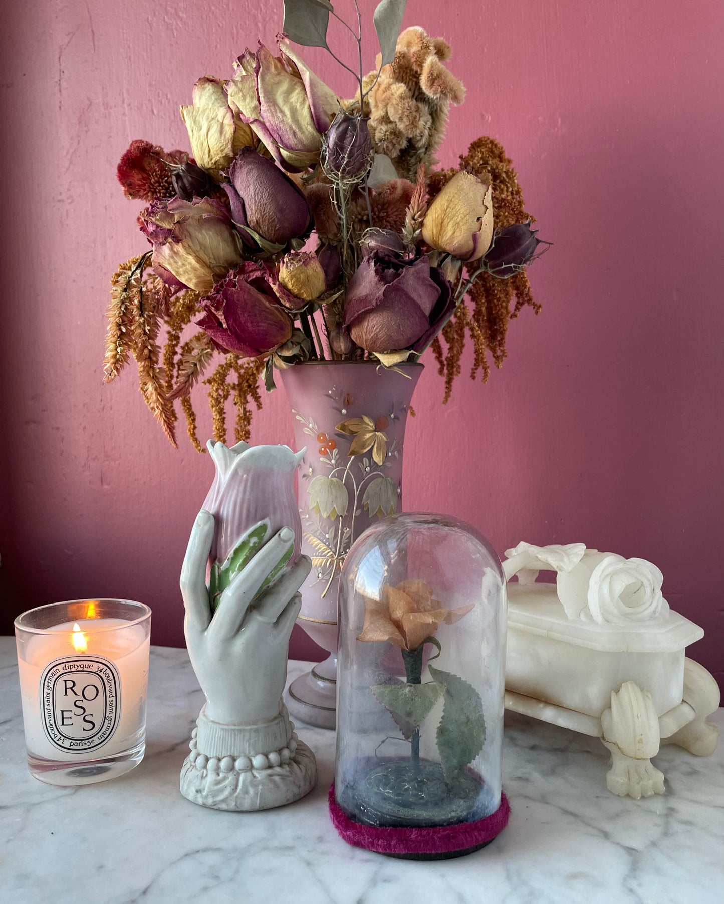 Antique Wax Rose under Glass Dome