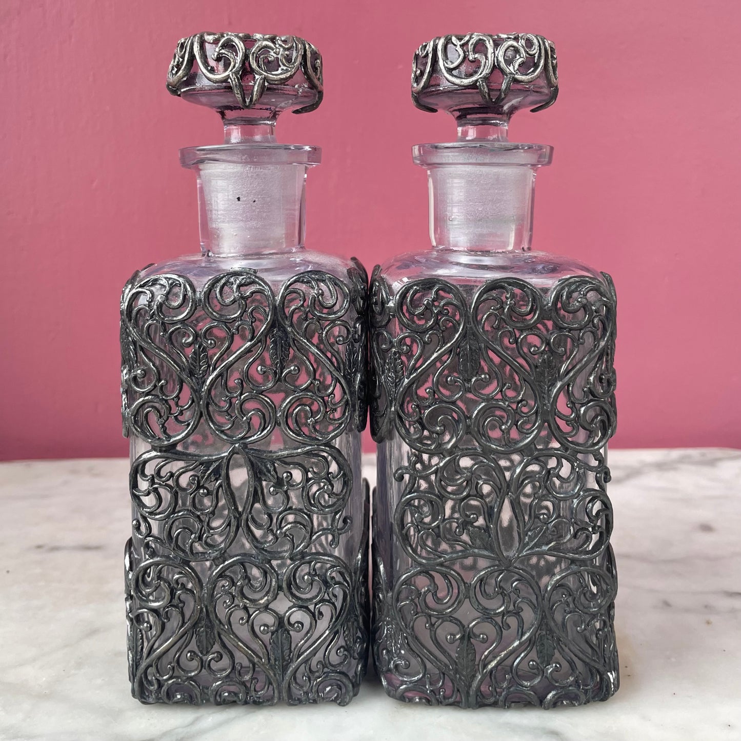 Antique Perfume Bottles with Metal Filigree